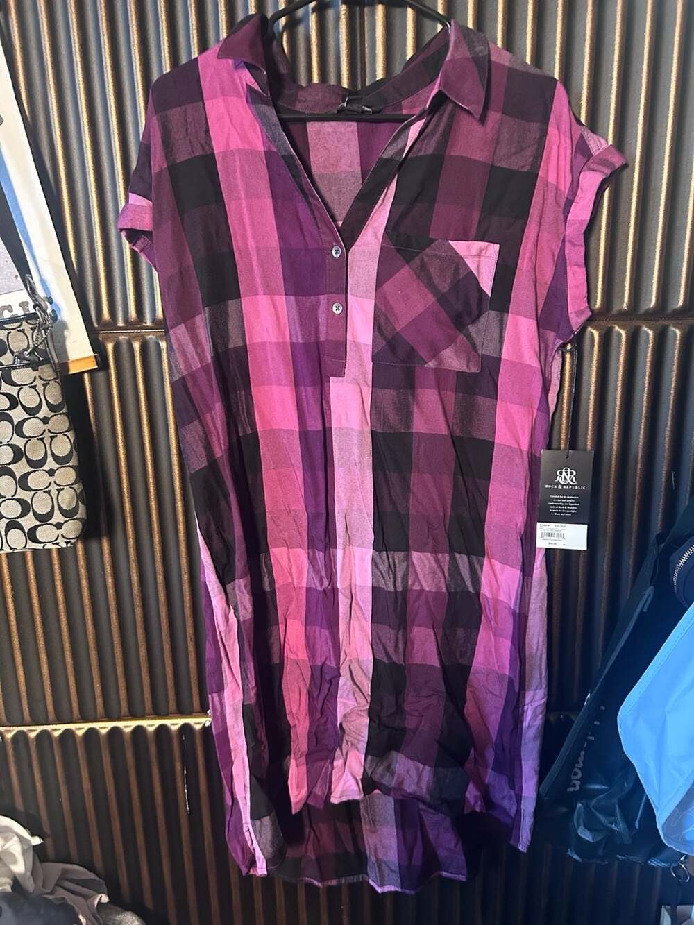 Nwt Rock & Republic Plaid Shirt Dress Purple Black Size Large